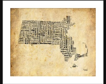 Massachusetts State Map Typography Map Poster Print Text Grunge Sepia