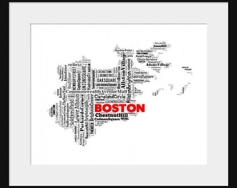 Boston Map Typography Map Typographical Map Poster Print 2