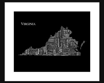 Virginia State Map Typography Map 2 Black Typographical Poster Print Text Map