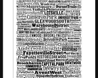 Raleigh NC Map Typography Neighborhoods Map Poster Print Black & White