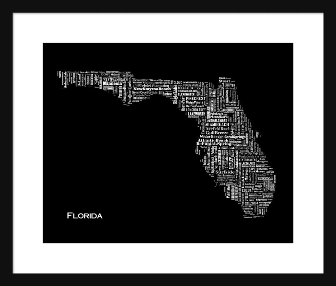 Florida Typography Map Poster Print Tyographical Map Black - Etsy