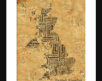 England United Kingdom Map Typography Grunge Map Poster Print Text Map