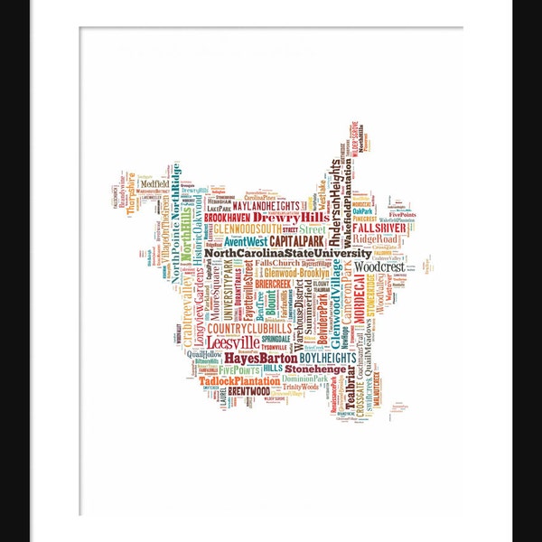 Raleigh NC Map Typography Color Map Poster Print