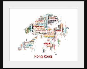 Hong Kong China Color Map Typography Map Poster Print Text Map