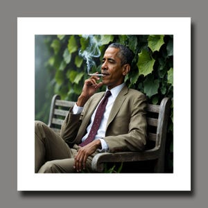 May include: A man in a tan suit and burgundy tie sits on a wooden bench, smoking a cigarette. The background features lush green foliage. The man is looking to the right, with smoke rising from the cigarette.