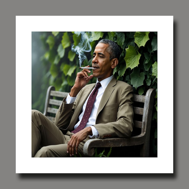 May include: A man in a tan suit and burgundy tie sits on a wooden bench, smoking a cigarette. The background features lush green foliage. The man is looking to the right, with smoke rising from the cigarette.