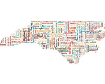 North Carolina State Map City CitiesColor  Typography Map Poster Print