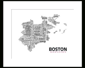 Boston Map Typography  Latitude Longitude Map Poster Print