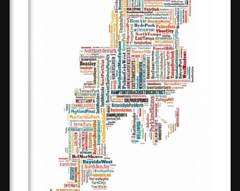 Tampa Map Typography Map Color Tyographical Map Poster Print