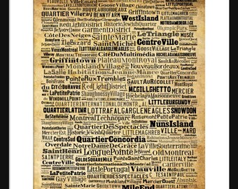 Montreal Map - Typography Neighborhoods of Montreal Poster Print Sepia