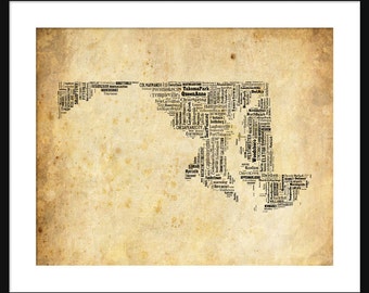 Maryland State Map Typography Map Poster Print Grunge Sepia