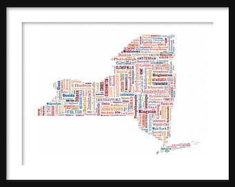 New York State Map TypographyColor  Map Poster Print Text Map