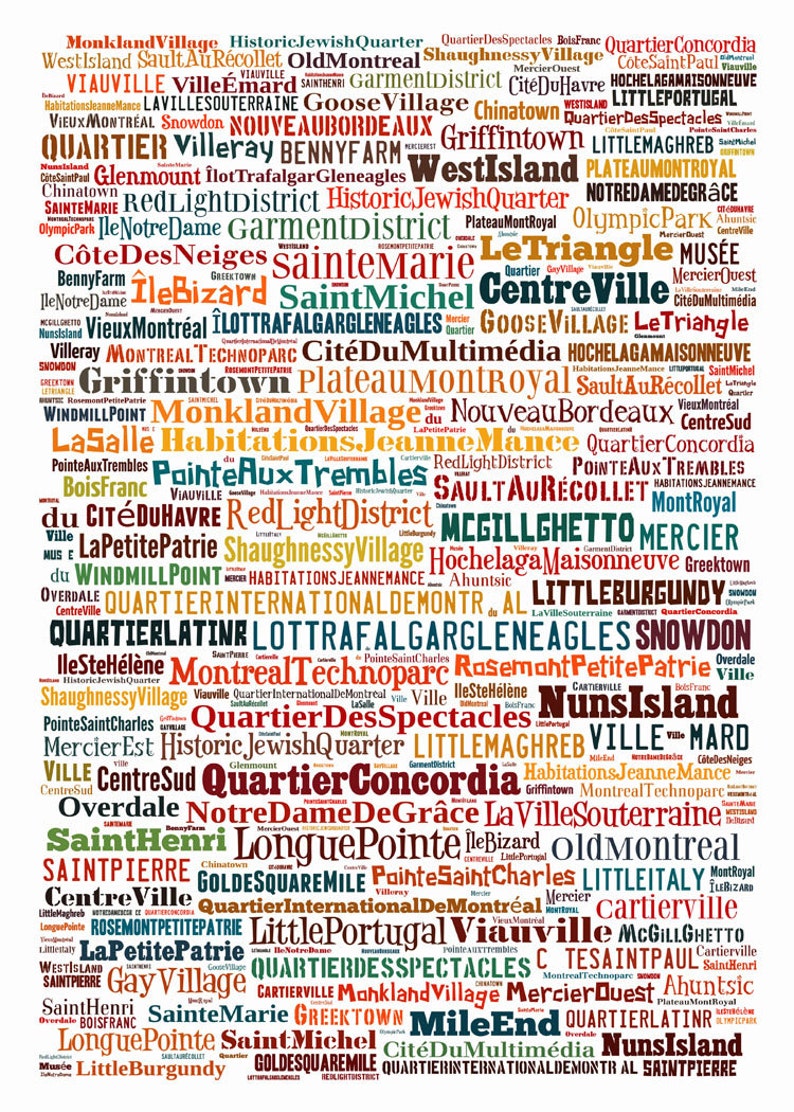 Montreal Map Typography Neighborhoods of Montreal Poster Print image 2