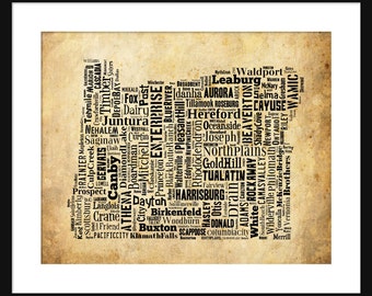 Oregon State Map Typography Map Poster Print Sepia Grunge