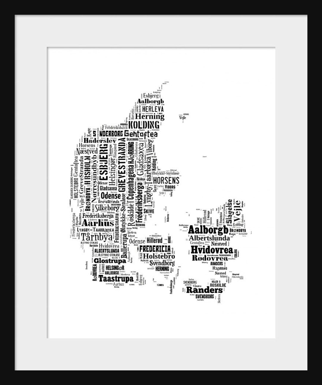 Denmark Map Typography Map Poster Print Black and White - Etsy