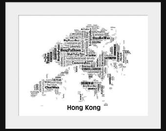 Hong Kong Map Typography Map Poster Print Text Map