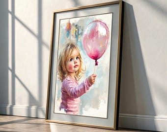 May include: Framed artwork featuring a young child holding a large pink balloon. The child is wearing a pink long-sleeved shirt. The painting has a soft, impressionistic style with a light blue and white background. The frame is gold.