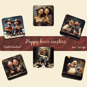 Sublimationsgrafiken, druckbar, zehn Untersetzer, lustig, Happy Hour, Trinken, Geschenk für Freunde, Untersetzer, gute Stimmung, festlich