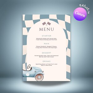 Rennwagen-Party-Menü | Bearbeitbare Canva Vorlage | Druckbares Racing Theme Menü