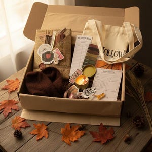 Puede incluir: Una caja de regalo de cartón que contiene un libro envuelto en papel estilo periódico, una bolsa de tela color crema con texto negro, una bufanda de punto marrón, una vela encendida en una lata dorada, tarjetas de lectura y varios adhesivos.