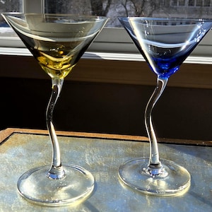 Set of 2 Twisted Stem Yellow blue Martini Glasses, MCM Bold Gold Cobalt Cocktail glassware, Vintage Contemporary barware colored glass stems