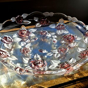 Large Vintage Crystal Plate Frosted Pink Rose Embossed Glass platter with Ruffled edge Mikasa Bella Rosa serving tray Retro floral Glassware