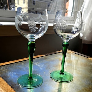 Set of 2 Vintage Green Stem Wine Glasses, European Crystal glass stemware with Grape etching, Handblown Mid-Century modern liqueur goblets