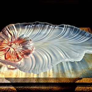 Large Vintage Crystal Plate, Embossed Flower Frosted Glass Serving Tray, Heavy Leaf-Shaped Hibiscus Platter, Floral motif Elegant Glassware