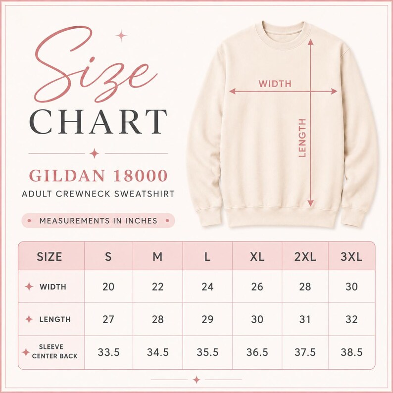 May include: A Gildan 18000 adult crewneck sweatshirt size chart with a light beige sweatshirt illustration. The chart displays width, length, and sleeve center back measurements in inches for sizes S through 3XL in a clear, organized table format.