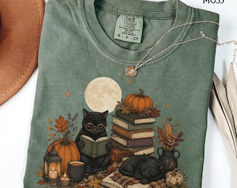 Black Cat Reading Shirt, Cozy Fall Book Lover Tee, Autumn Bookish Gift for Her, Witchy Cottagecore Cat Mom Comfort Colors Graphic T-Shirt