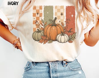 Retro Checkered Pumpkin Shirt, Cozy Fall Comfort Colors Tee, Vintage Autumn Sweatshirt, Checkered Pumpkin Patch Gift for Fall Lovers