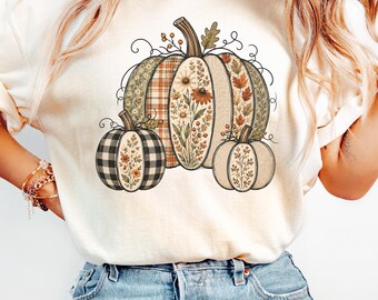 Floral Patchwork Pumpkin Shirt, Vintage Fall Shirt, Botanical Autumn Tee, Thanksgiving Shirt, Pumpkin Comfort Colors, Fall Graphic Tee