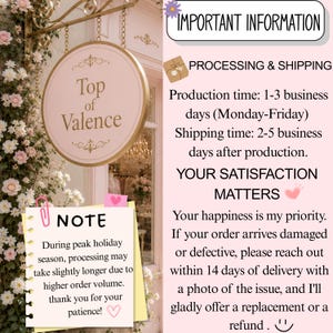 May include: A light pink informational graphic featuring a round sign with the text Top of Valence, a floral border, and a note about holiday processing times. The text includes details on production, shipping, and customer satisfaction policies.