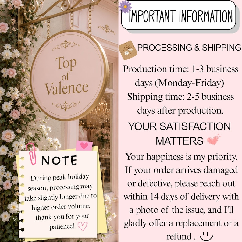 May include: A light pink informational graphic featuring a round sign with the text Top of Valence, a floral border, and a note about holiday processing times. The text includes details on production, shipping, and customer satisfaction policies.