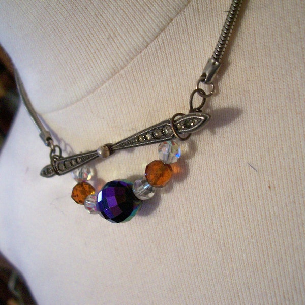 Into the Wild Blue necklace upcycled with vintage items and antique bar pin