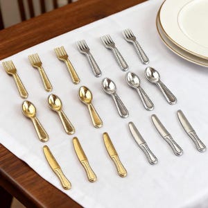 DIY Mini Dollhouse Cutlery Set 12pcs, 1:12 Fork Spoon Knife, Gold or Silver