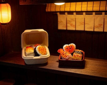 Miniature Sushi Set 8pcs, Resin Sushi Takeout Box & Tray, Dollhouse Food Decor