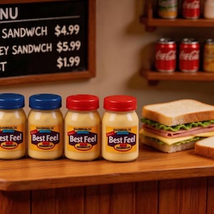 May include: A miniature diner scene with a menu board listing sandwiches and toast. Four small jars of "Best Feel" mayonnaise with blue and red lids are in front of a sandwich. Shelves hold condiments and Coca-Cola cans.