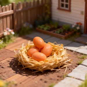 May include: A miniature scene featuring a nest of straw with four orange eggs. The nest sits on a wooden surface, with a small fence and a house in the background. The scene is set outdoors with grass and flowers.