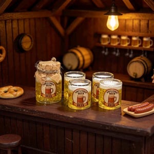 May include: Miniature pub scene with a wooden bar, barrels, and beer glasses. The bar features a pretzel, sausages, and jars and glasses of beer labeled "Unfiltered Beer". A copper tap and hanging light complete the scene.