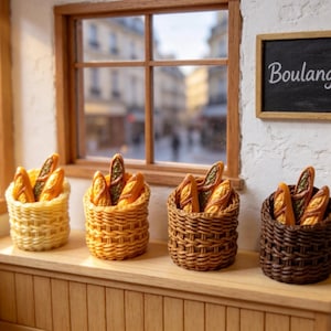 May include: Miniature bakery scene with four woven baskets filled with baguettes. A chalkboard sign reads "Boulangerie". The scene is set near a window with a view of a European street.