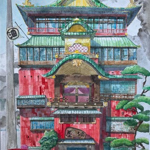 May include: A watercolor painting of a multi-story red building with green tiled roofs and gold accents. A small figure stands on a bridge in the foreground. The structure features numerous windows, a prominent entrance, and a flag with a symbol.