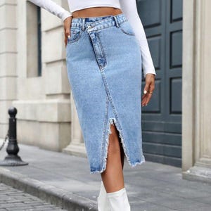 Denim Raw Hem Slit Midi Skirt