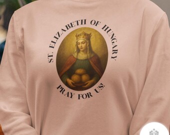 Sudadera de cuello redondo con diseño de Santa Isabel de Hungría, estilo pintura al óleo. Sudadera de cuello redondo con motivo de santa católica, regalo católico para mujer.