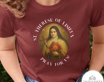 St. Thérèse von Lisieux Ölmalerei-Stil T-Shirt - katholisches T-Shirt, kleine Blumenkleidung, katholisches Heiliges T-Shirt, katholisches Geschenk für Frauen