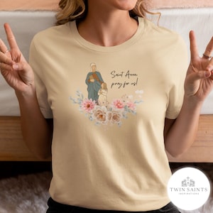 T-shirt floral Sainte-Anne - Chemise sainte catholique, vêtement de la foi chrétienne, cadeau catholique pour femme
