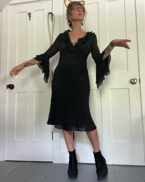 90s Black Silk Express Dress Bias Cut Flutter Slee