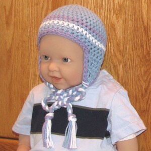 0 - 12 month Cotton Crocheted Earflap Beanie - Blue, Purple and White