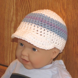 0 - 12 month Cotton Crocheted Beanie Cap with Visor - White, Blue, and Purple