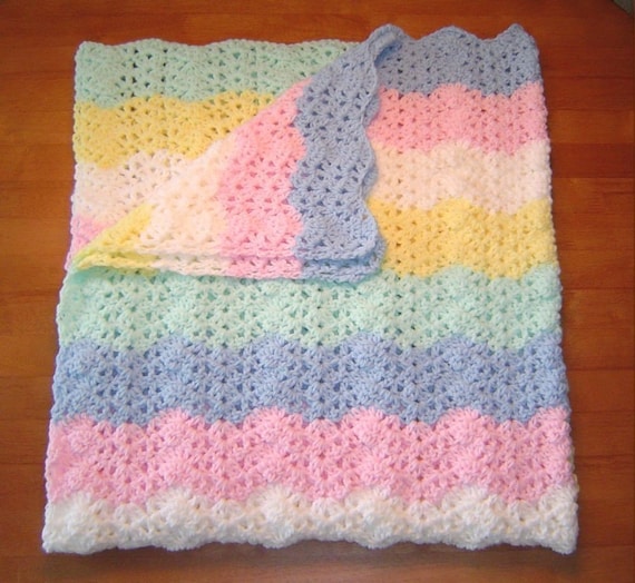 Blue Pink Yellow and White Hand Crocheted Baby Blanket Bedding Home